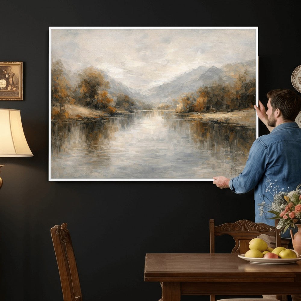 Neutral Abstract River Landscape Wall Art Canvas Print