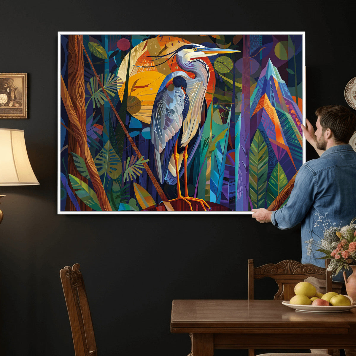 Colorful Heron Wall Art Canvas Print Tropical Bird Abstract