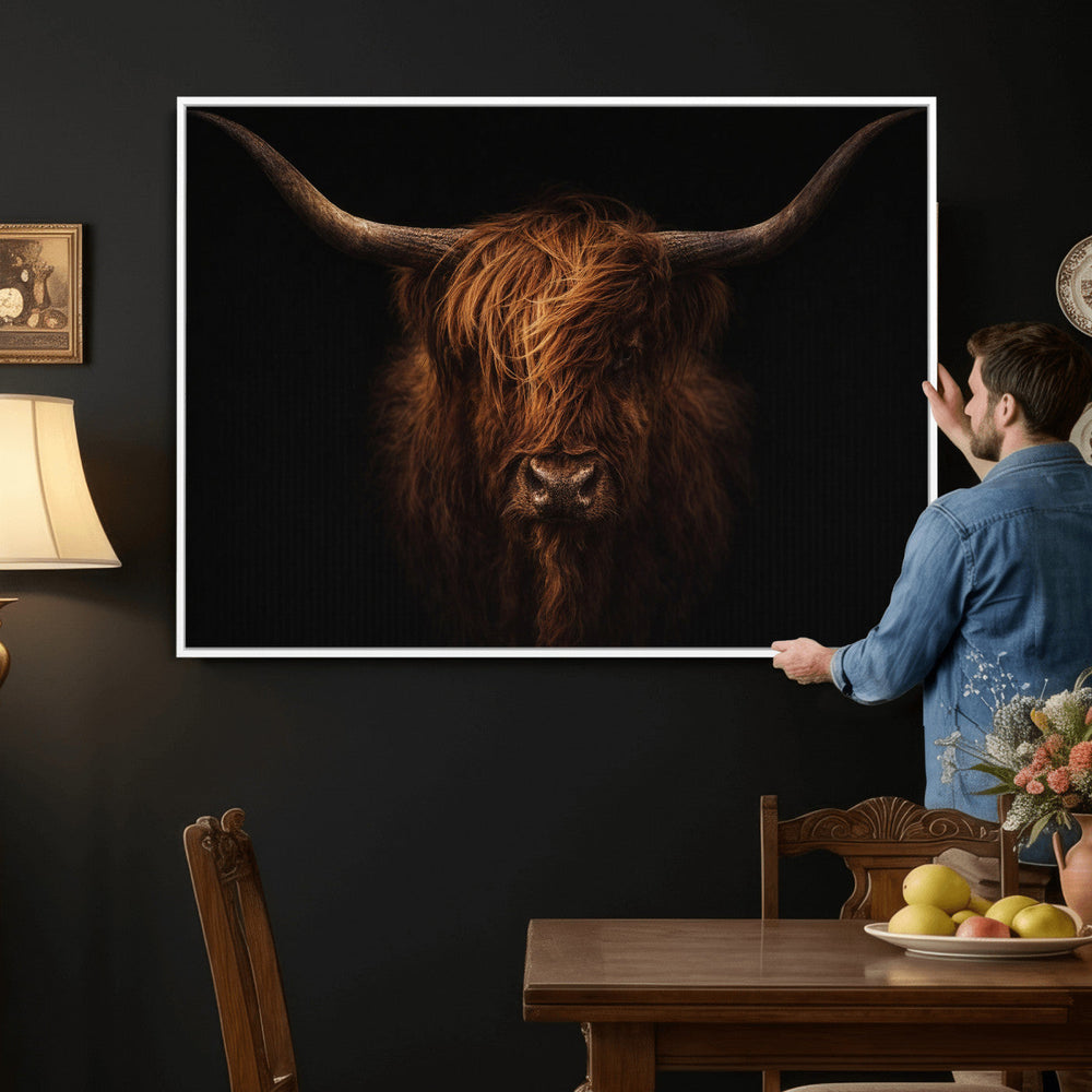 Highland Cow Wall Art Canvas Print – Moody Dark Rustic