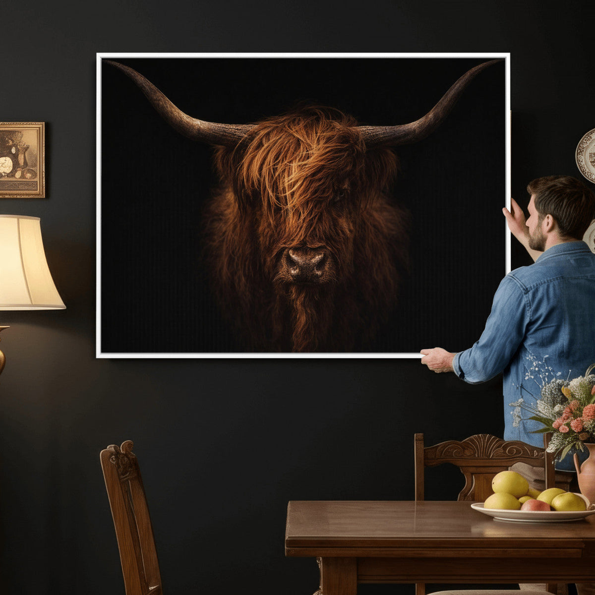 Highland Cow Wall Art Canvas Print – Moody Dark Rustic