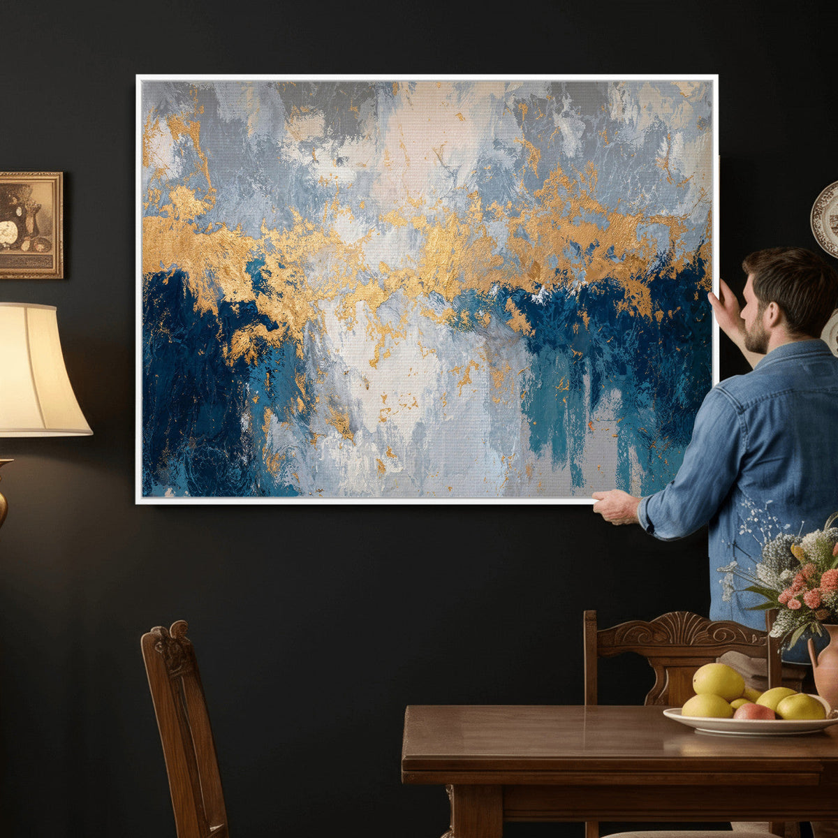 Blue Gold Abstract Large Framed Canvas Wall Art, Modern
