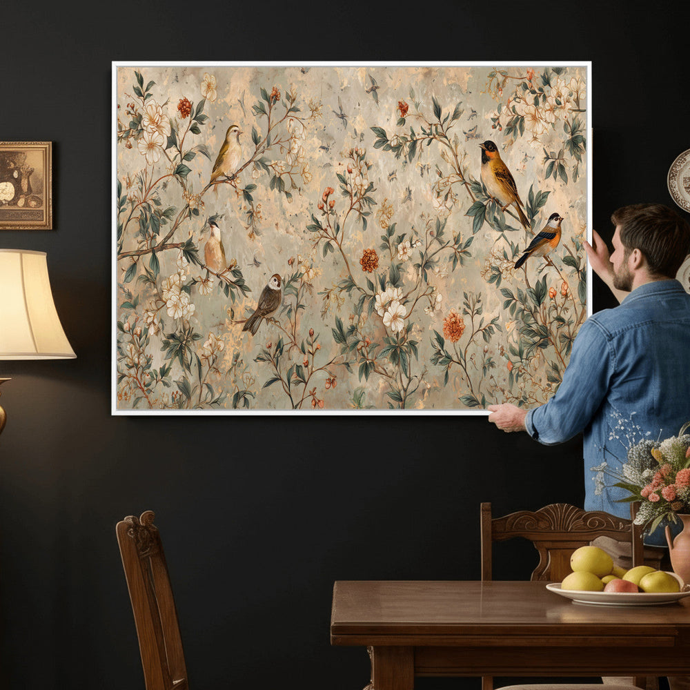 Vintage Birds and Flowers Wall Art Canvas Print, Botanical