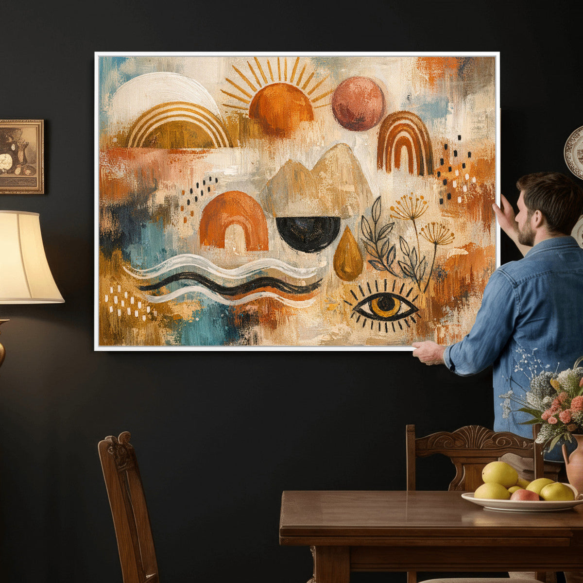 Geometric Boho Abstract Wall Art Canvas Print, Orange Blue