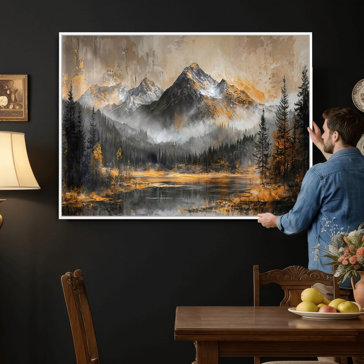 Mountain Lake Canvas Wall Art — Rustic Forest Landscape