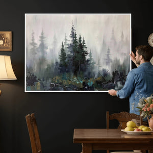 Misty Pine Forest Oil Painting Canvas — Dark Moody Teal Grey