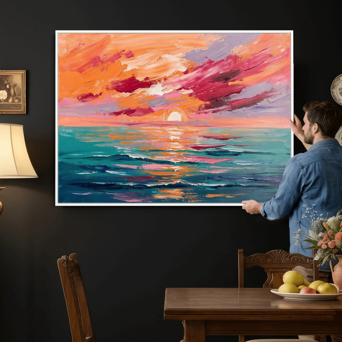 Bold Palette Knife Ocean Sunset Canvas — Orange Pink Teal