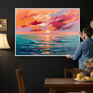 Bold Palette Knife Ocean Sunset Canvas — Orange Pink Teal
