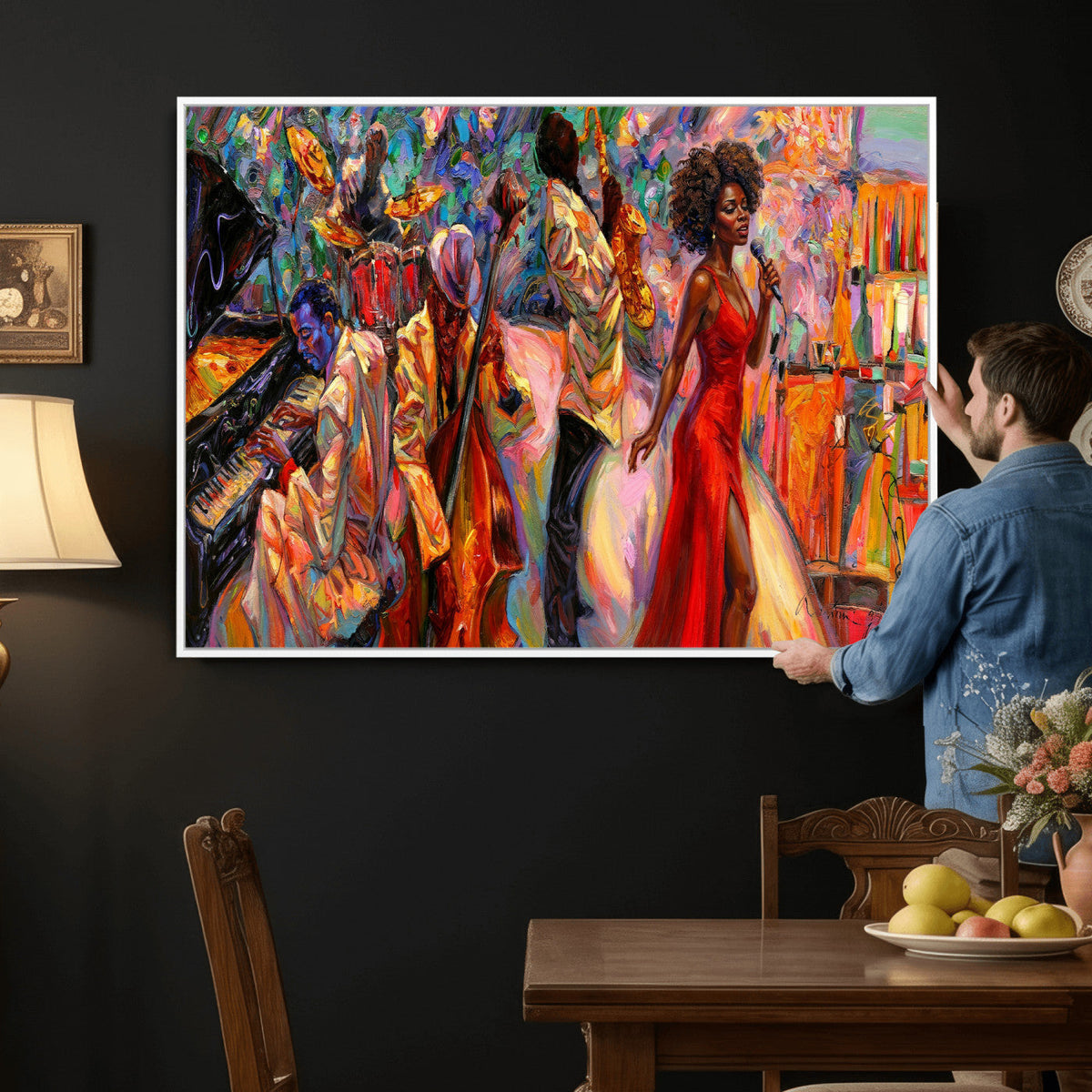 African American Jazz Singer Canvas Art — Red Dress Black