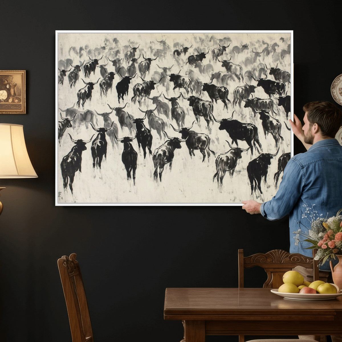 Longhorn Cattle Canvas Wall Art, Black White Stampede Ink