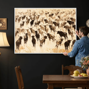Texas Longhorn Sepia Canvas Wall Art, Western Cattle