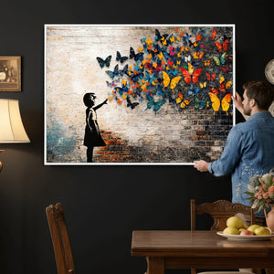 Banksy Graffiti Butterfly Girl Wall Art Canvas Print, Framed