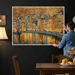 Gustav Klimt Golden Cityscape Wall Art Canvas Print, Framed