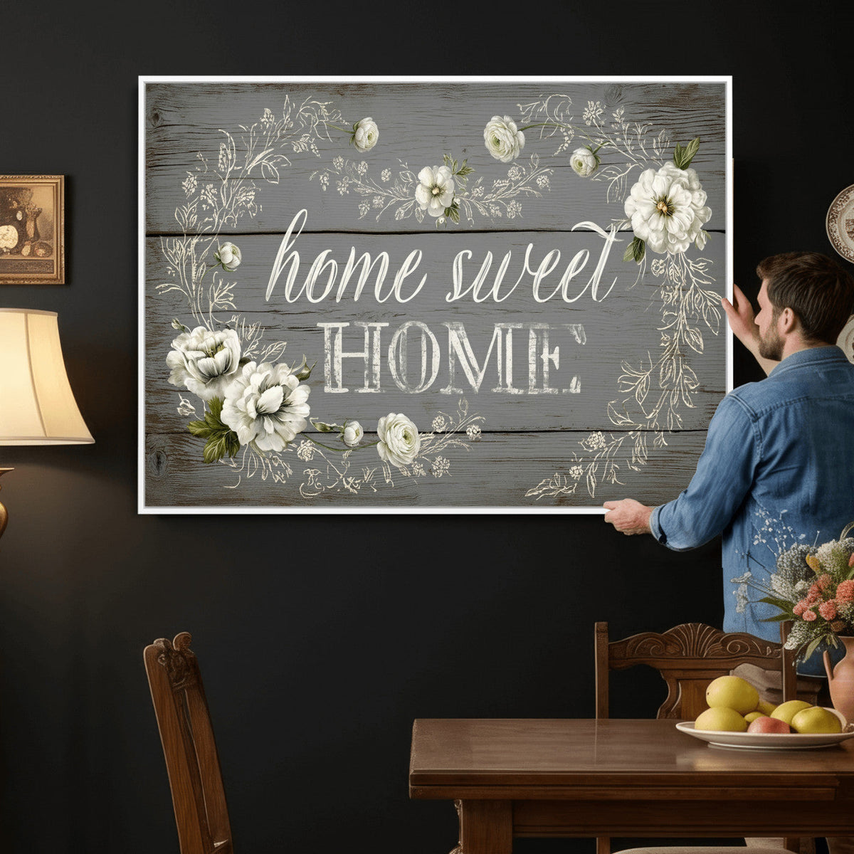 Home Sweet Home Wall Art Canvas Print, Floral Farmhouse