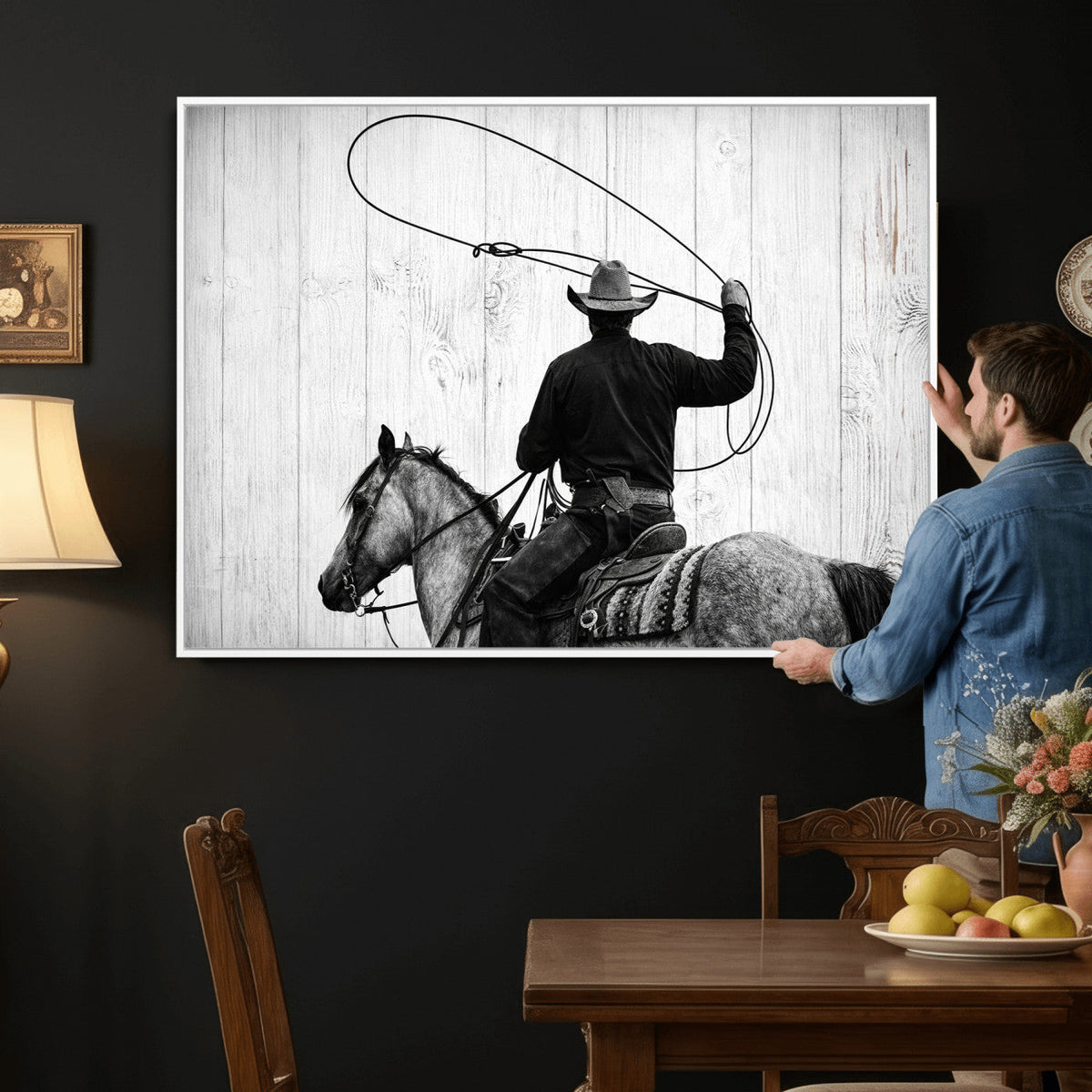 Cowboy Lasso Canvas Wall Art, Black White Western Horse