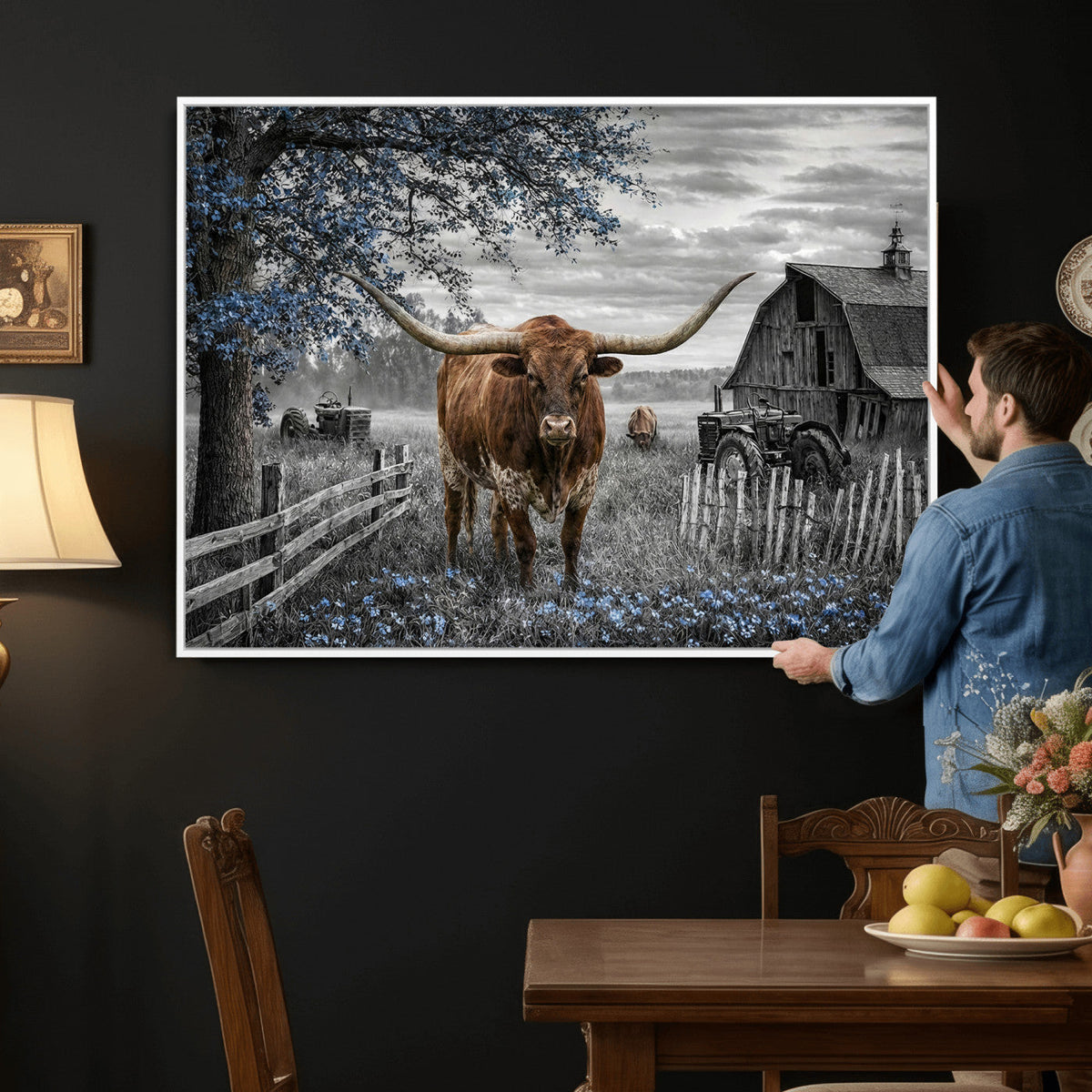Texas Longhorn Canvas Wall Art, Rustic Farm Barn Bluebonnet