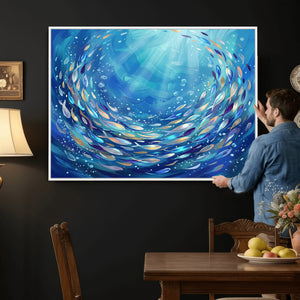 School of Fish Canvas Print | Blue Ocean Underwater Wall Art
