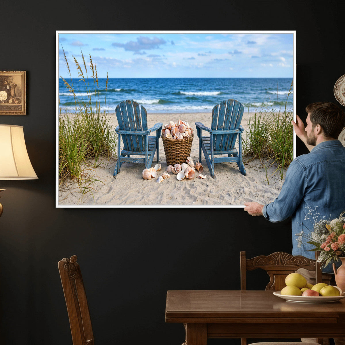 Large Beach Canvas Wall Art Coastal Adirondack Chairs Ocean