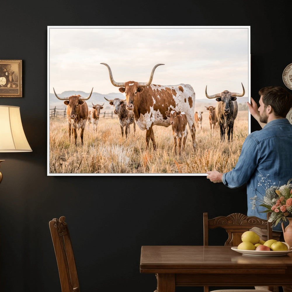 Texas Longhorn Canvas Wall Art, Rustic Farm Animal Photography Print, Farmhouse Country Decor, Western Ranch Art