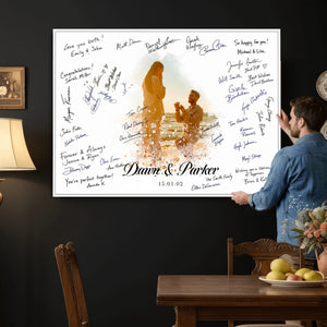 Wedding Guest Book Alternative Wall Art Canvas Print, Personalized Wedding Signature Poster, Custom Couple Photo Guestbook Canvas, Bridal Shower Reception Decor