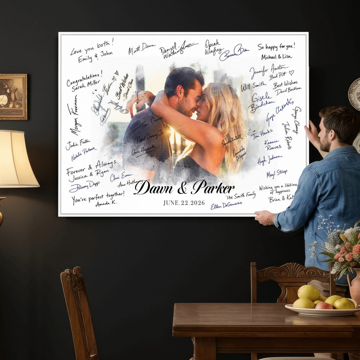 Wedding Guest Book Alternative Wall Art Canvas Print, Personalized Wedding Signature Poster, Custom Couple Photo Guestbook Canvas, Bridal Shower Reception Decor