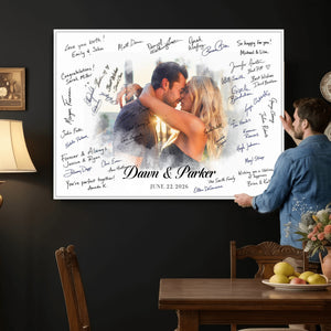 Wedding Guest Book Alternative Wall Art Canvas Print, Personalized Wedding Signature Poster, Custom Couple Photo Guestbook Canvas, Bridal Shower Reception Decor