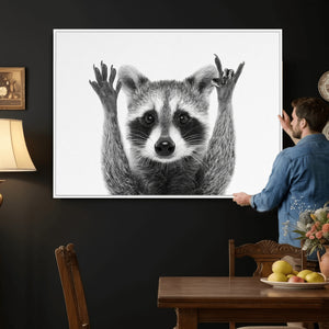 Funny Raccoon Canvas Wall Art, Black White Hands Up Animal Photo Print, Humorous Wildlife Decor, Kids Room Nursery Art, Quirky Animal Gift