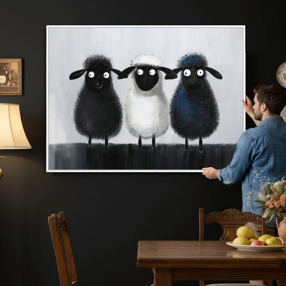 Funny Sheep Canvas Wall Art, Three Quirky Sheep Painting Print, Cute Animal Nursery Decor, Black White Navy Farmhouse Art, Kids Room Gift