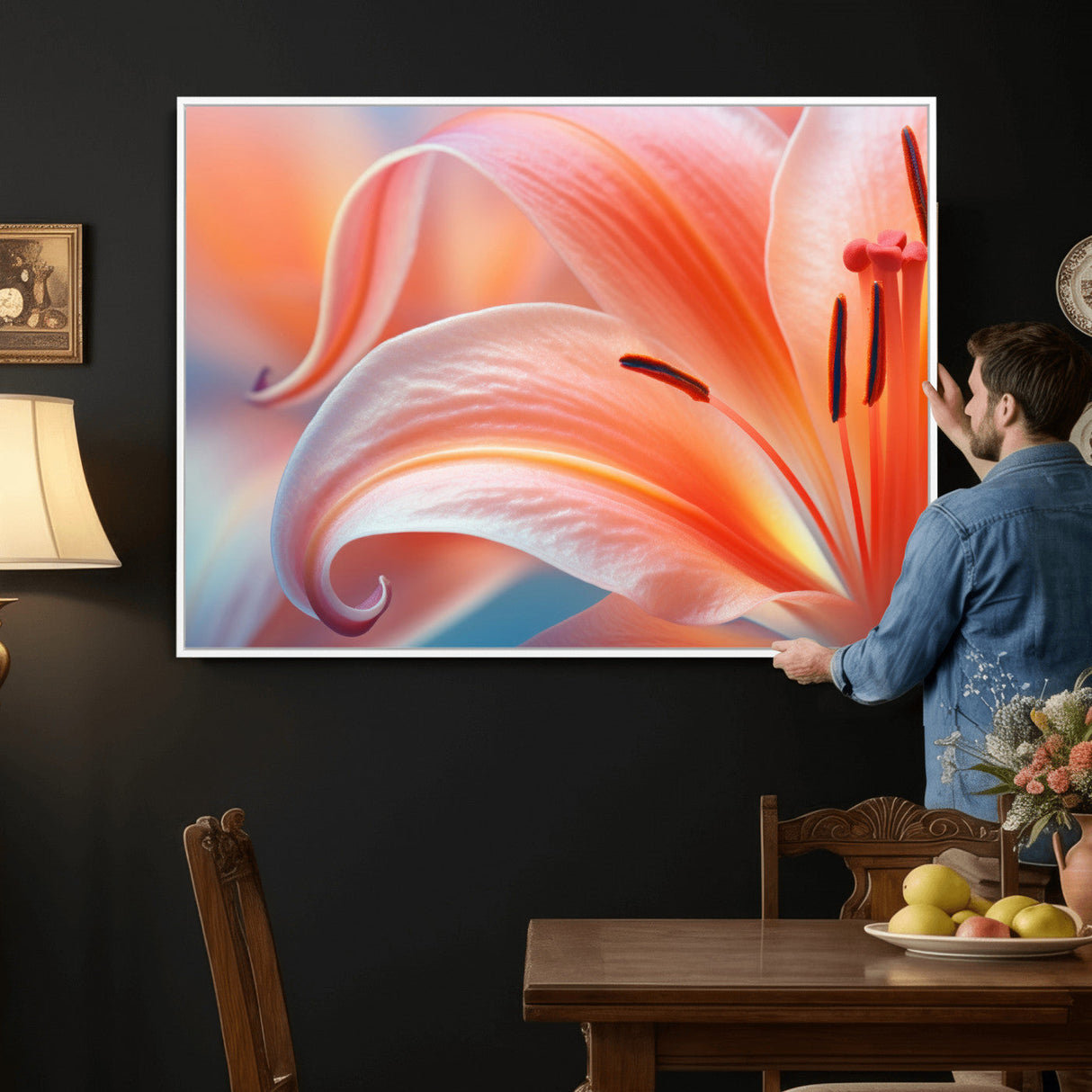 Peach Lily Canvas Wall Art, Coral Pink Flower Macro Photo Print, Botanical Bedroom Decor, Soft Floral Photography, Living Room Wall Art