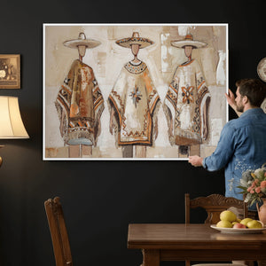 Mexican Folk Art Canvas Wall Art, Charro Poncho Sombrero Painting Print, Neutral Beige Boho Decor, Southwestern Impasto Style, Living Room Art