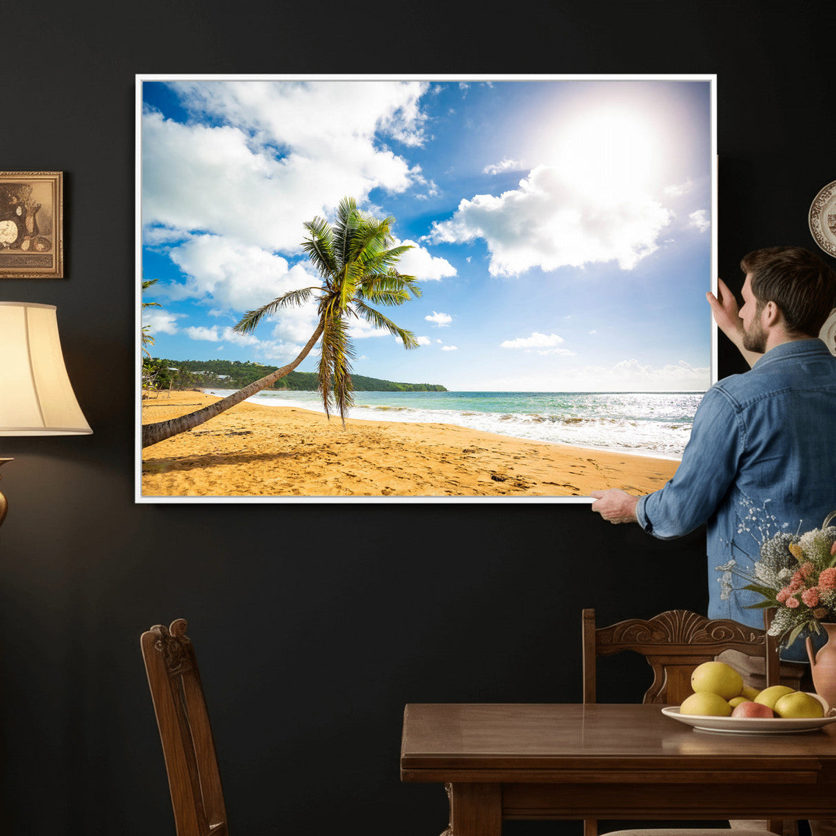 Tropical Beach Canvas Wall Art, Palm Tree Ocean Photo Print, Coastal Living Room Decor, Turquoise Sea Beach House Art, Summer Wall Art