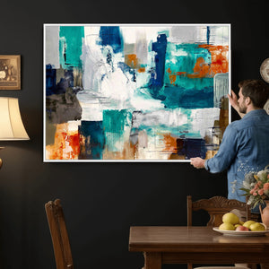 Blue Teal Abstract Canvas Wall Art, Modern Textured Painting Print, Navy Orange White Contemporary Art, Neutral Living Room Decor, Office Art