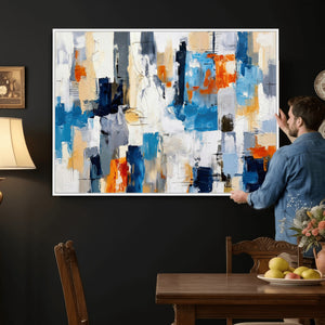Blue Teal Abstract Canvas Wall Art, Modern Textured Painting Print, Navy Orange White Contemporary Art, Neutral Living Room Decor, Office Art