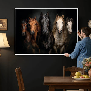 Horse Wall Art Canvas Print, Wild Horses Portrait Photography, Dramatic Equestrian Decor, Black Brown White Horse Herd, Rustic Ranch Art