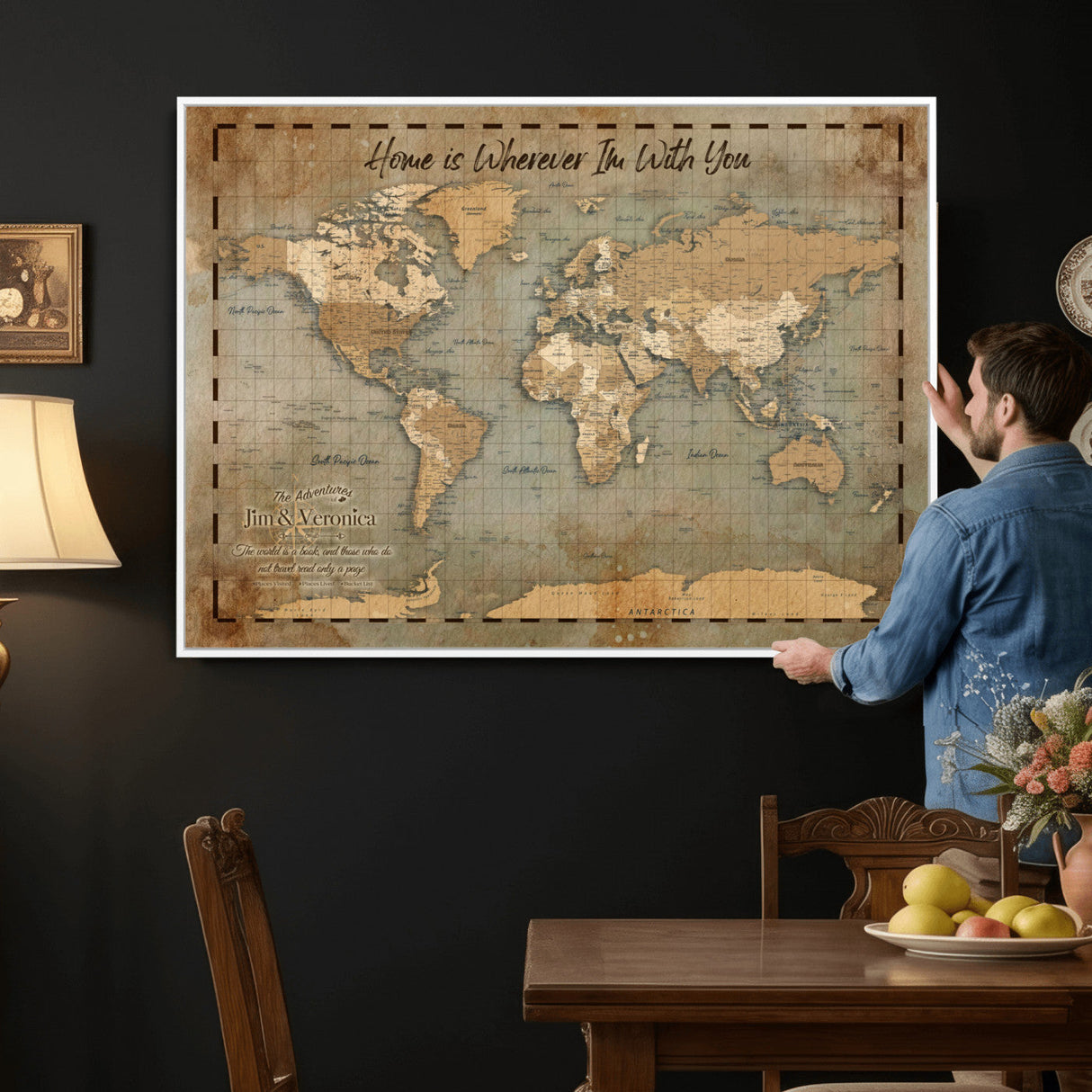 Vintage Personalized Push Pin World Map, Vintage Travel Map Canvas, Custom Names Anniversary Gift, Places Visited Pin Board, Couples Adventure Art