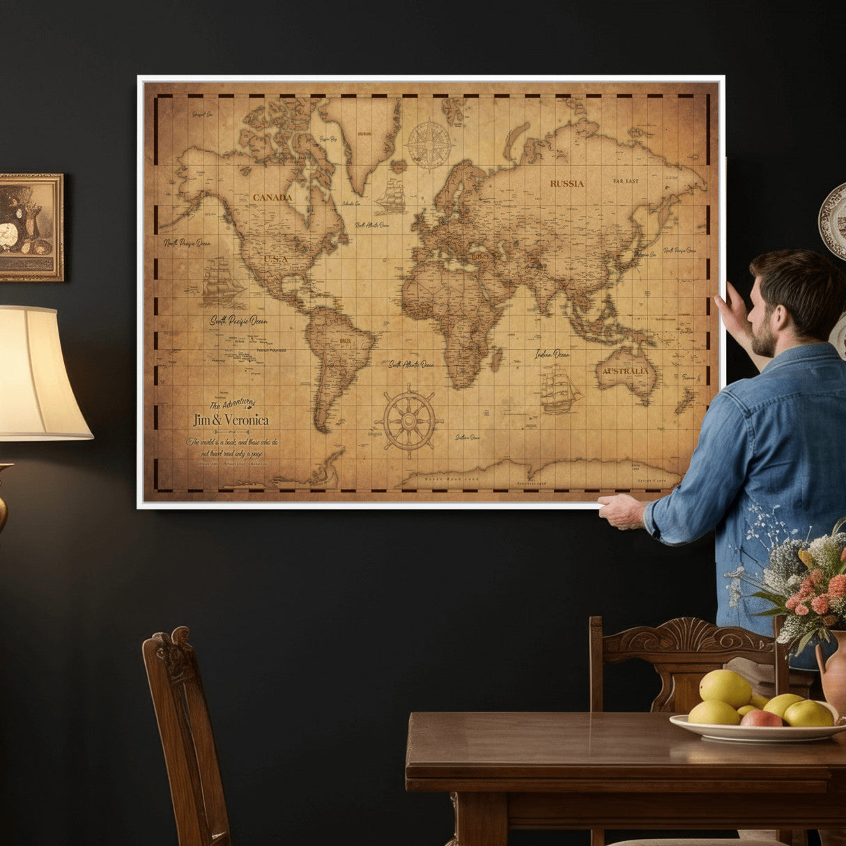 Personalized Push Pin World Map, Vintage Travel Map Canvas, Custom Names Anniversary Gift, Places Visited Pin Board, Couples Adventure Art