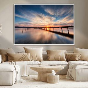 Wooden Pier on Seascape and Sunset Wall Art Canvas Print