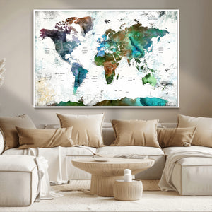 Modern Watercolor World Map Canvas Wall Art – Framed