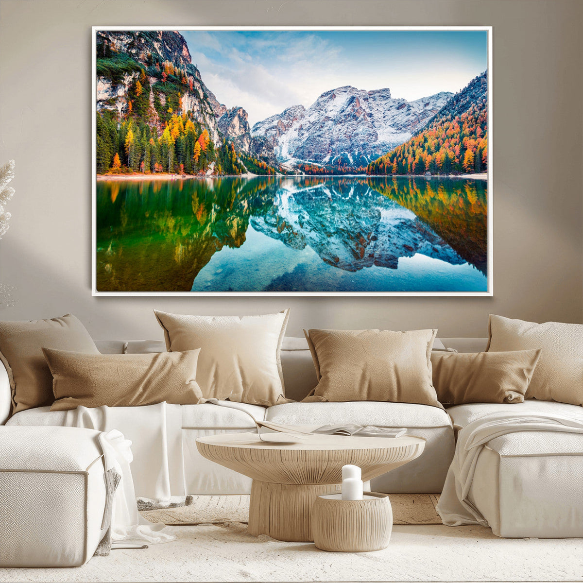 Spectacular autumn view of Braies Lake Wall Art Canvas Print