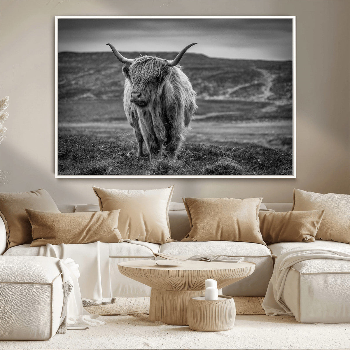 Fluffy Cattle Wall Art Print, Highland Cow Canvas, Framed