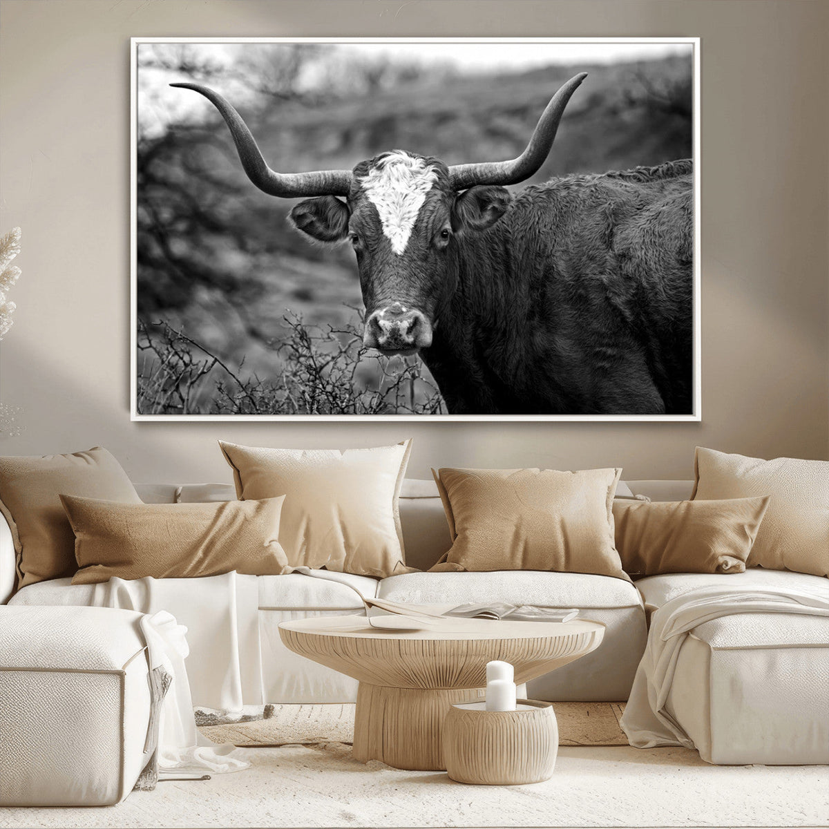 Western Home Wall Art Canvas Print, Framed Texas Longhorn