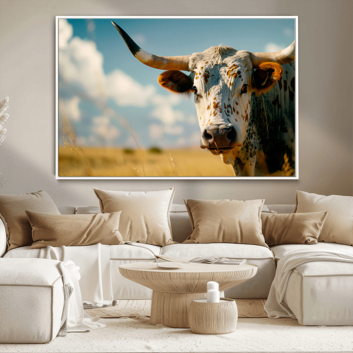 Longhorn in the Prairie - Stunning Ranch-Style Triptych Wall
