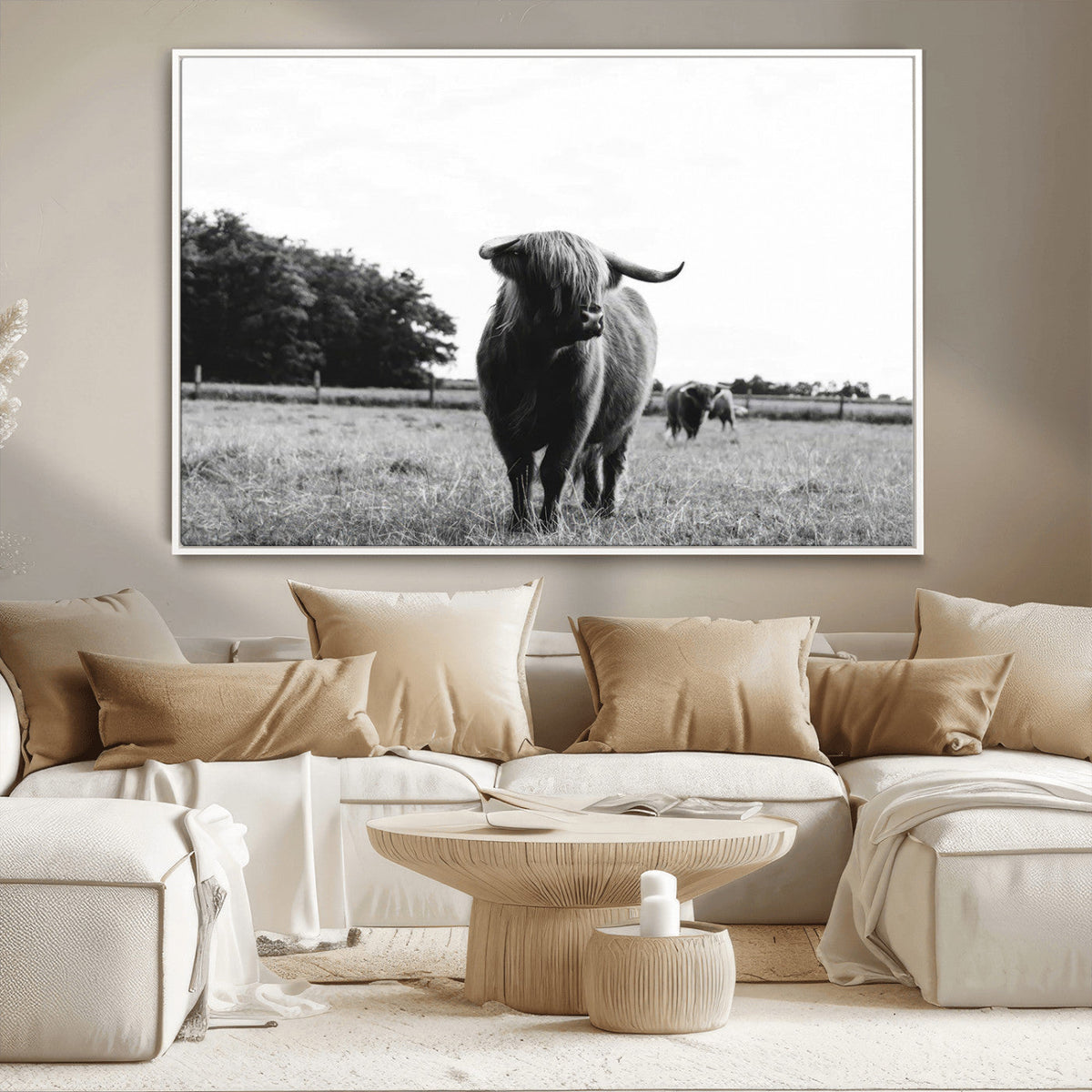 Black and White Highland Cow Wall Art Canvas Print | Rustic