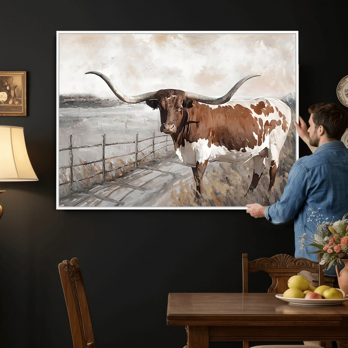 Vintage Texas Cow Wall Art Canvas Print, Rustic Longhorn
