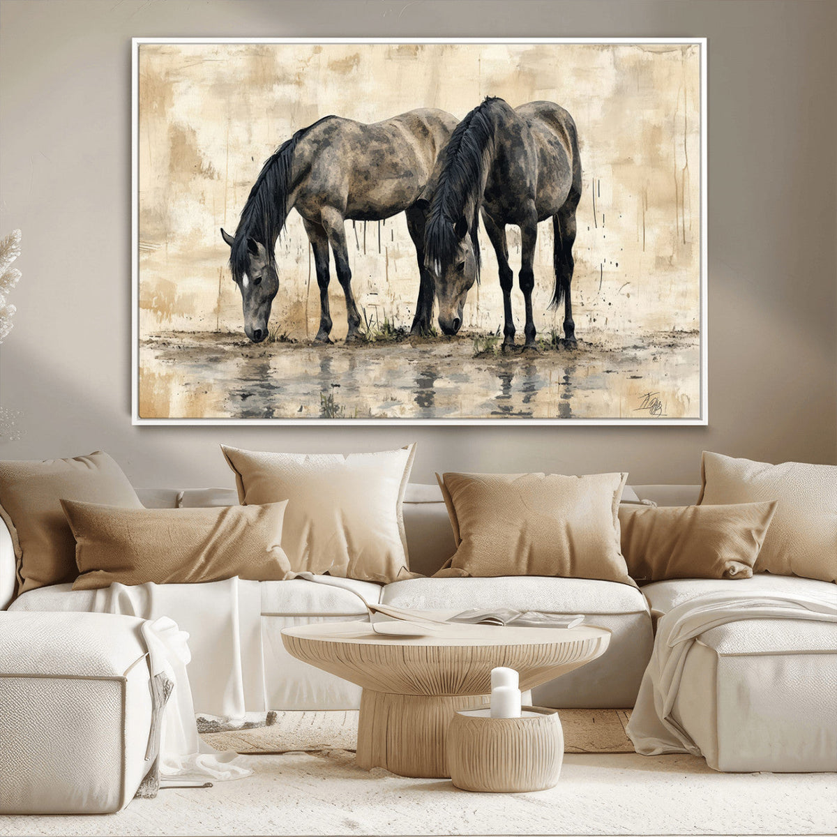 Chinese Style Abstract Black Horses Wall Art Canvas Print -