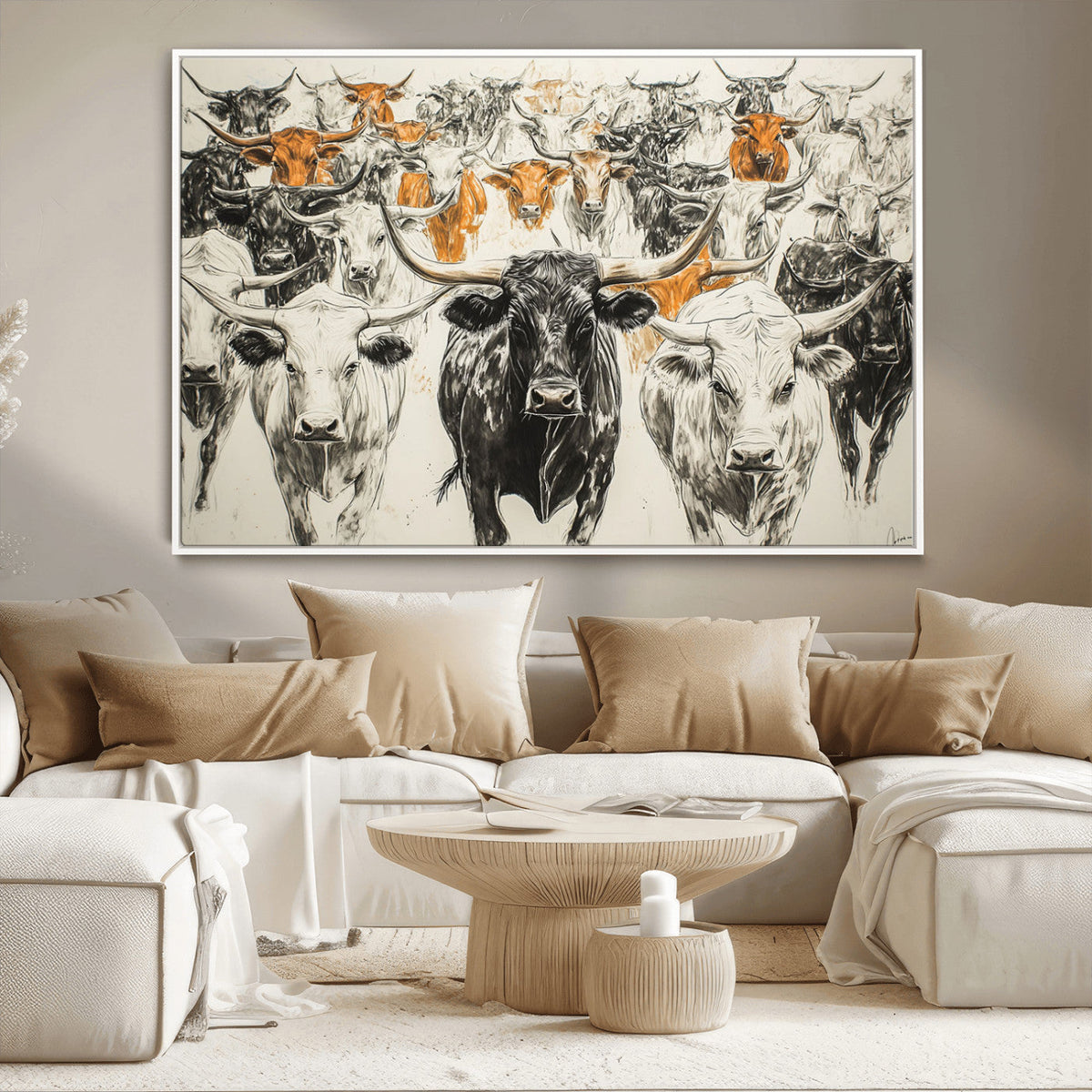 Farmhouse Wall Art | Western Longhorn Cattle Canvas Print |