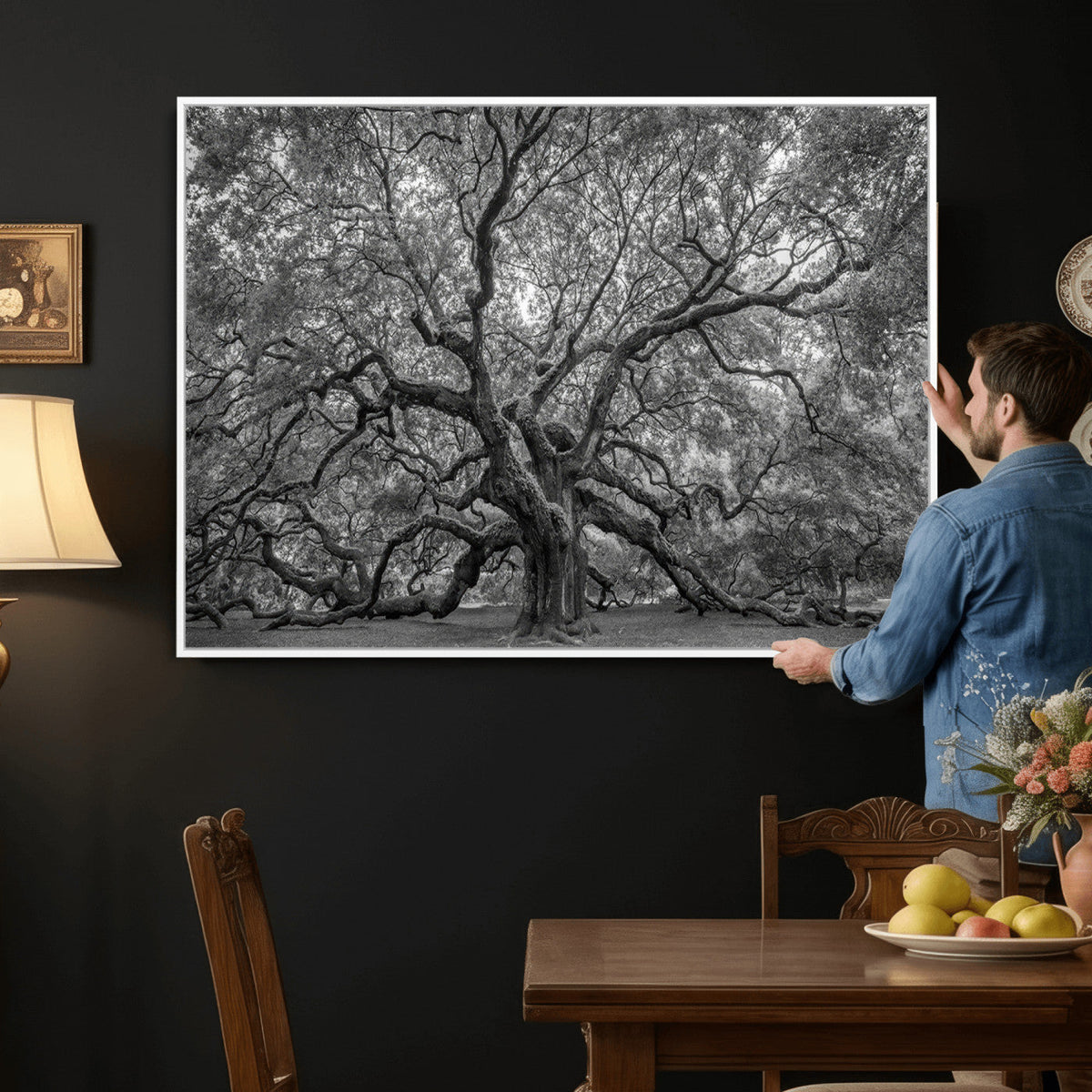 Majestic Angel Oak Tree Black and White Canvas Print – Multi