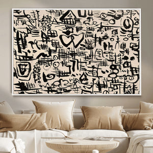 Abstract Love and Chaos Canvas Print, Black Symbols on Beige
