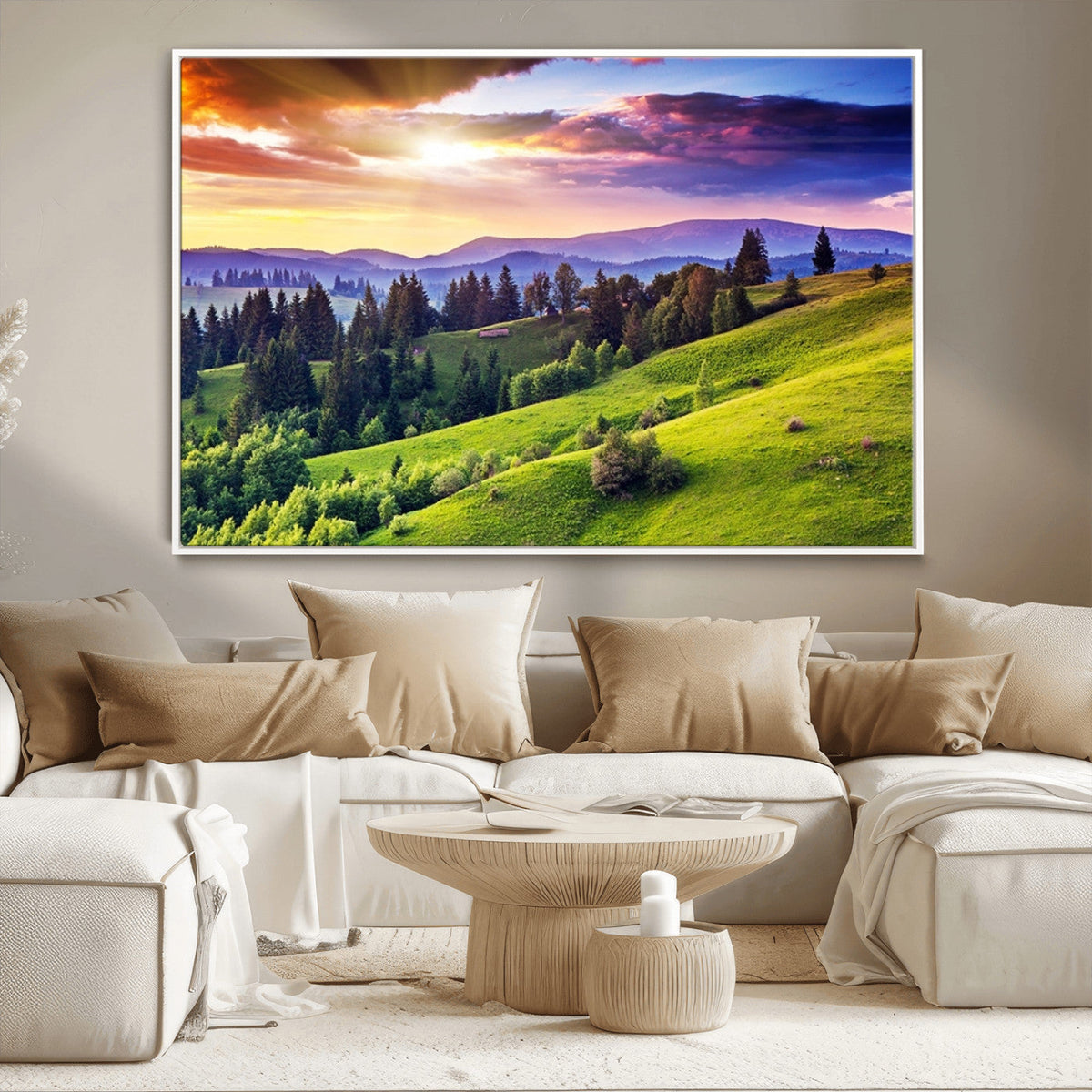 Green Hills and Sunset Wall Art Print - Scenic Landscape