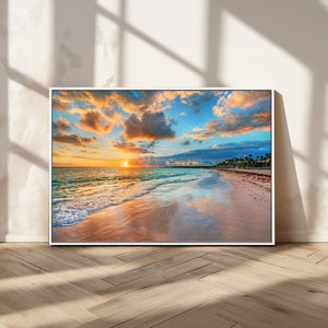 Sunset Ocean Waves on Tropical Beach, 3-Panel Giclee Canvas