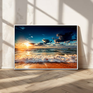 Golden Hour Sunset Over Ocean Waves Wall Art Canvas Print |